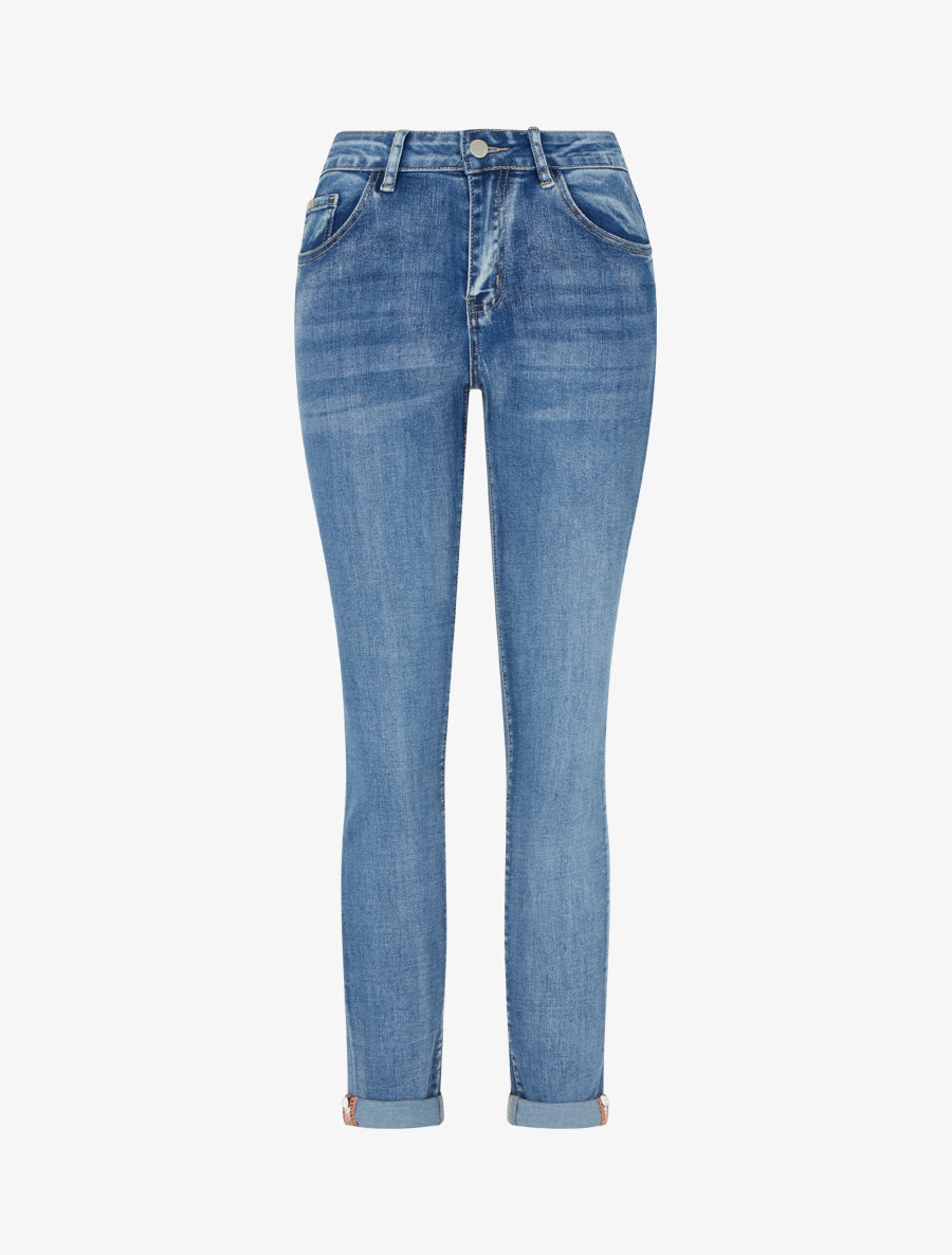 Skinny jeans met sierlijke zoom en riem - Blauw