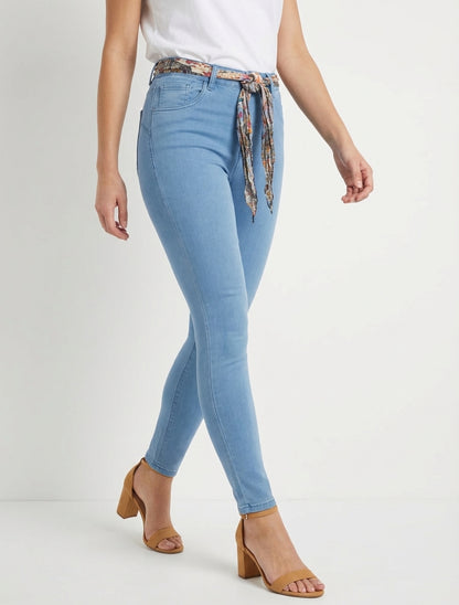 Skinny jeans met bedrukt riempje - Lichtblauw