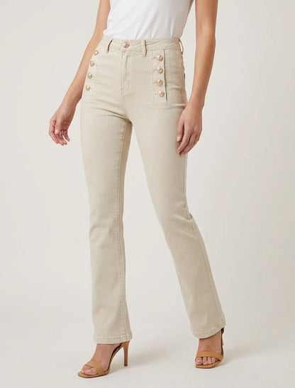 Jean rechte standaardmaat met knopen. - Beige