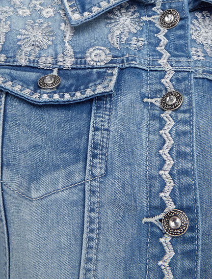 Veste en jean à broderies florales - Bleu - 3