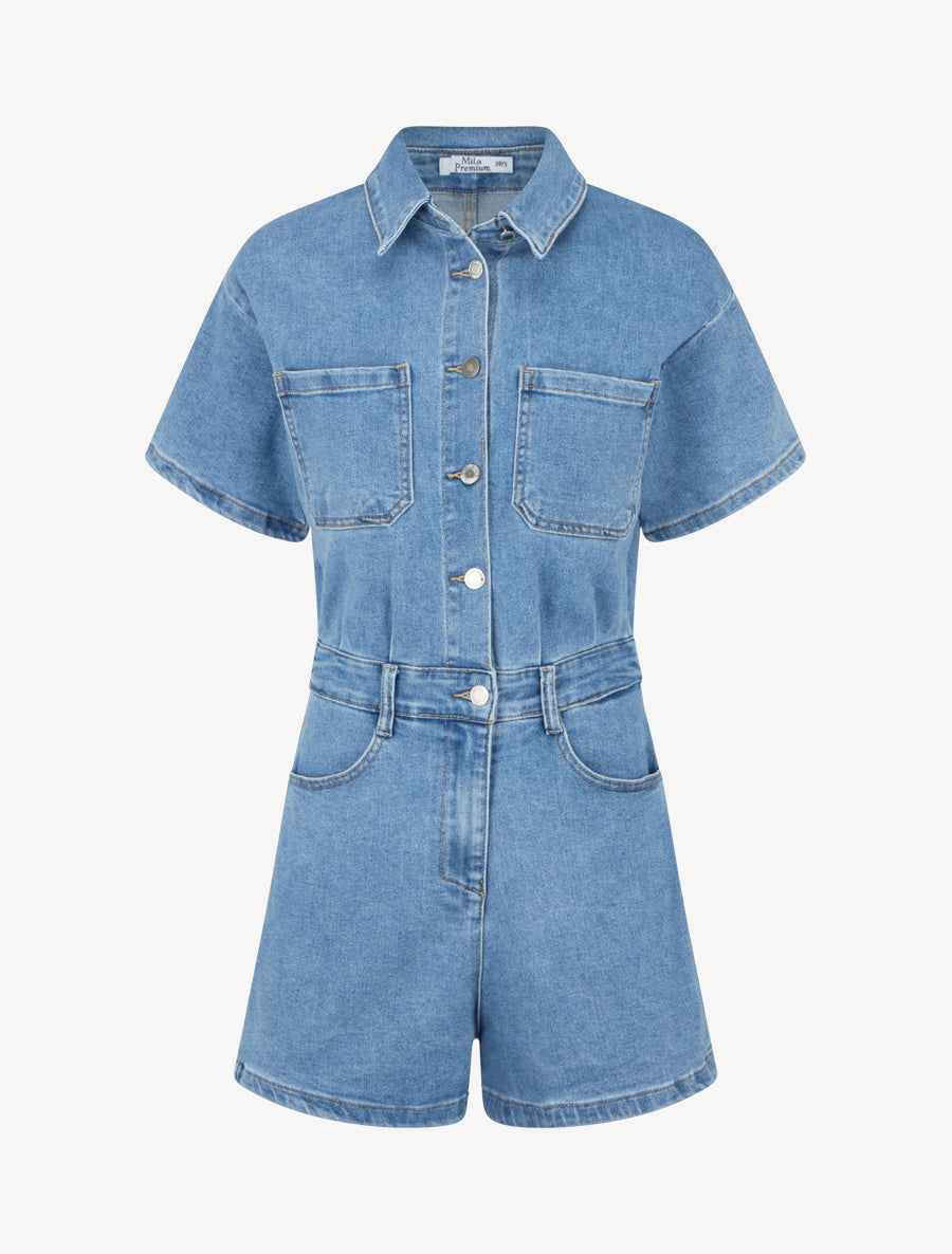 Combishort en jean manches courtes - Bleu - 1