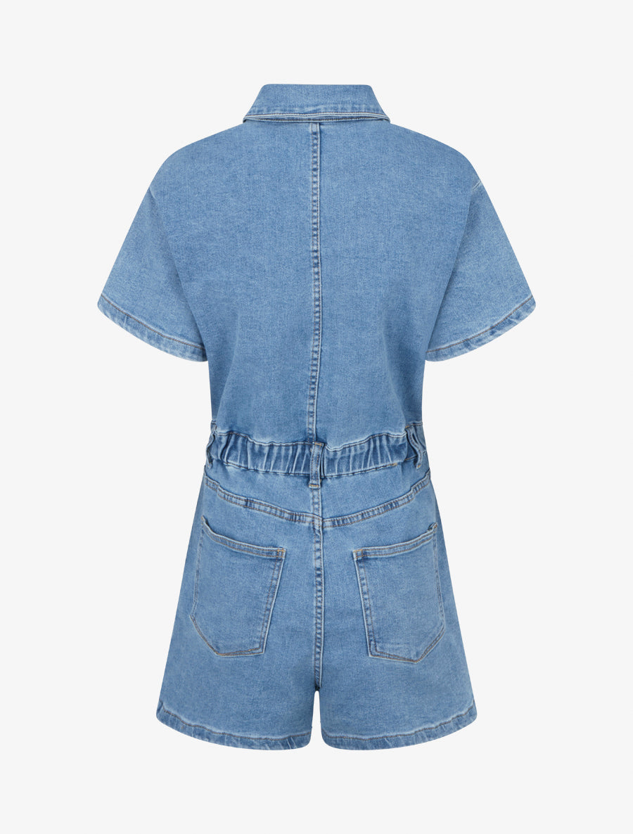 Combishort en jean manches courtes - Bleu - 2