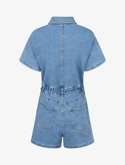 Combishort en jean manches courtes - Bleu - 2
