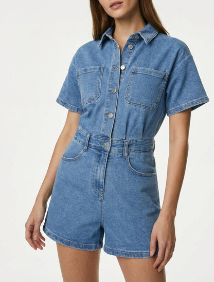 Spijkerjumpsuit met korte mouwen - Blauw