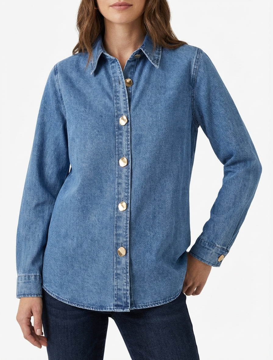 Recht denim overhemd met gestileerde knopen - Blauw