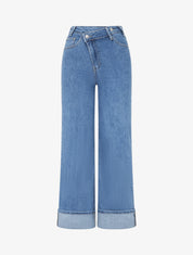 Jean à ourlet et boutons diagonaux coupe droite - Bleu - 1