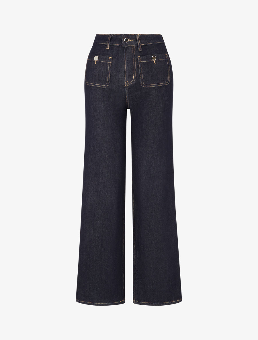 Jean wide leg à boutons décoratifs coupe droite - Bleu brut - 1