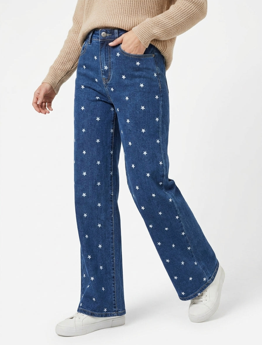 Jean met wijde pijpen en sterrendessin - Blauw