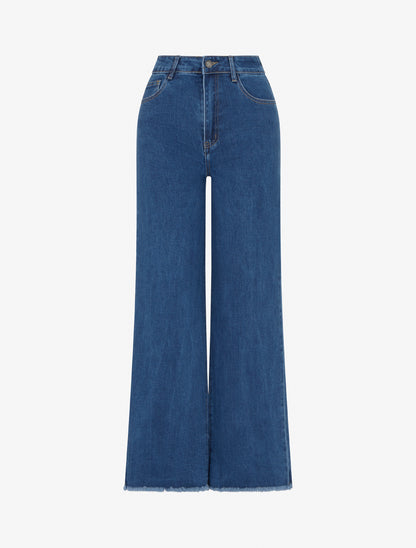 Jean ample taille haute à bords effilochés - Bleu - 1