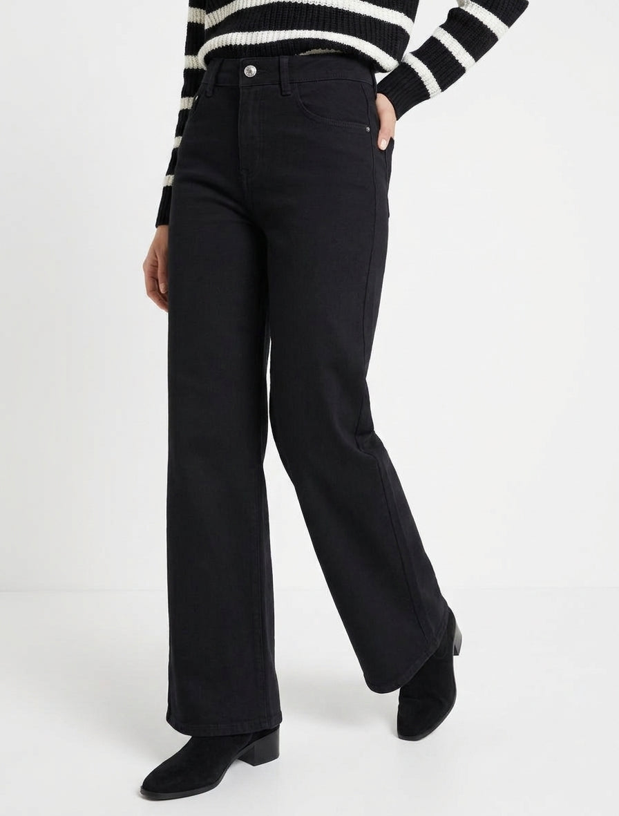 Jean met wijde pijpen, hoge taille, effen kleur - Zwart