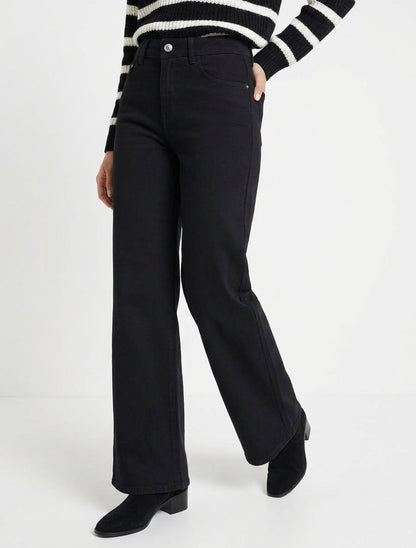 Jean met wijde pijpen, hoge taille, effen kleur - Zwart