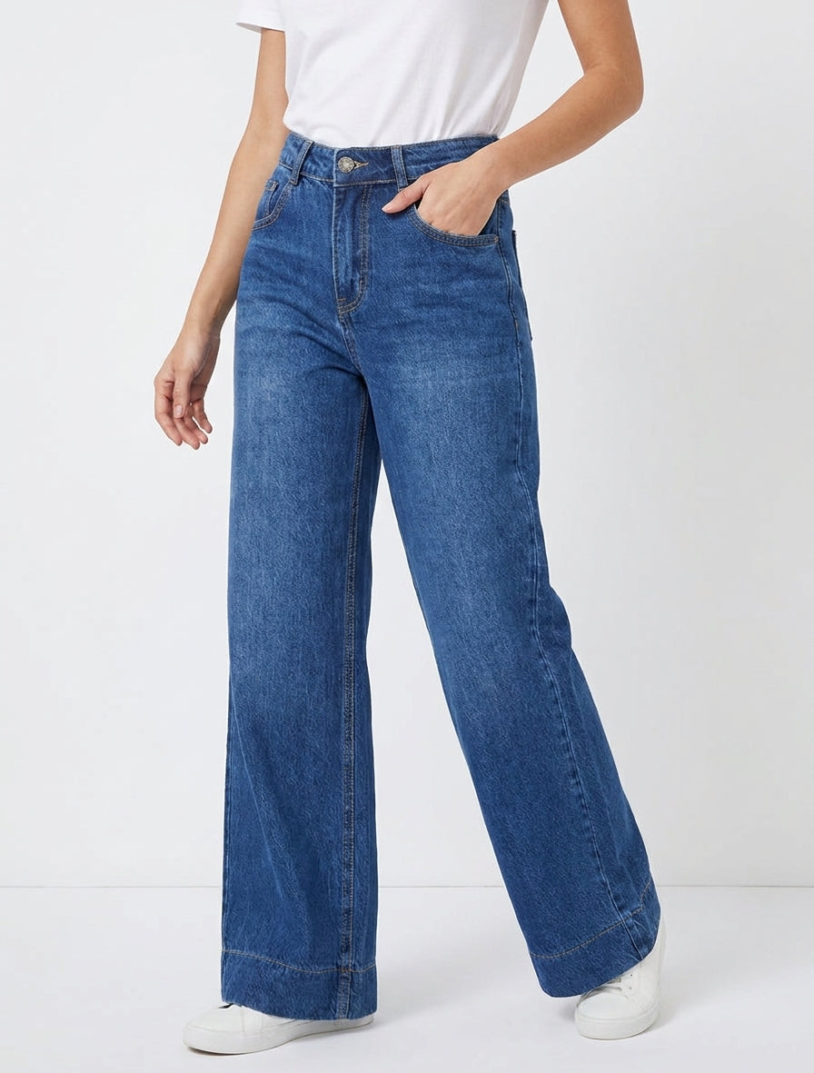 Jean met wijde pijpen en hoge taille - Blauwe denim