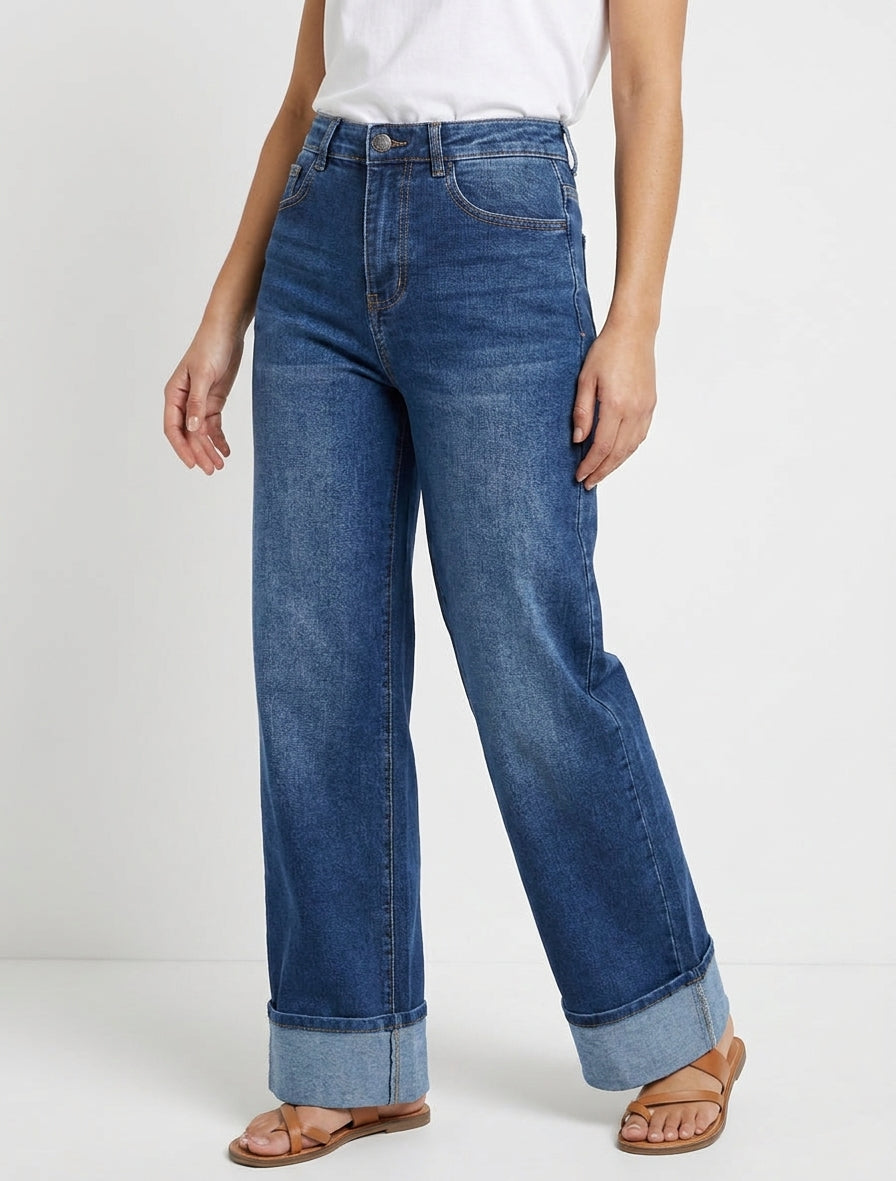 Jean met wijde pijpen en gewassen zoom - Blauwe denim
