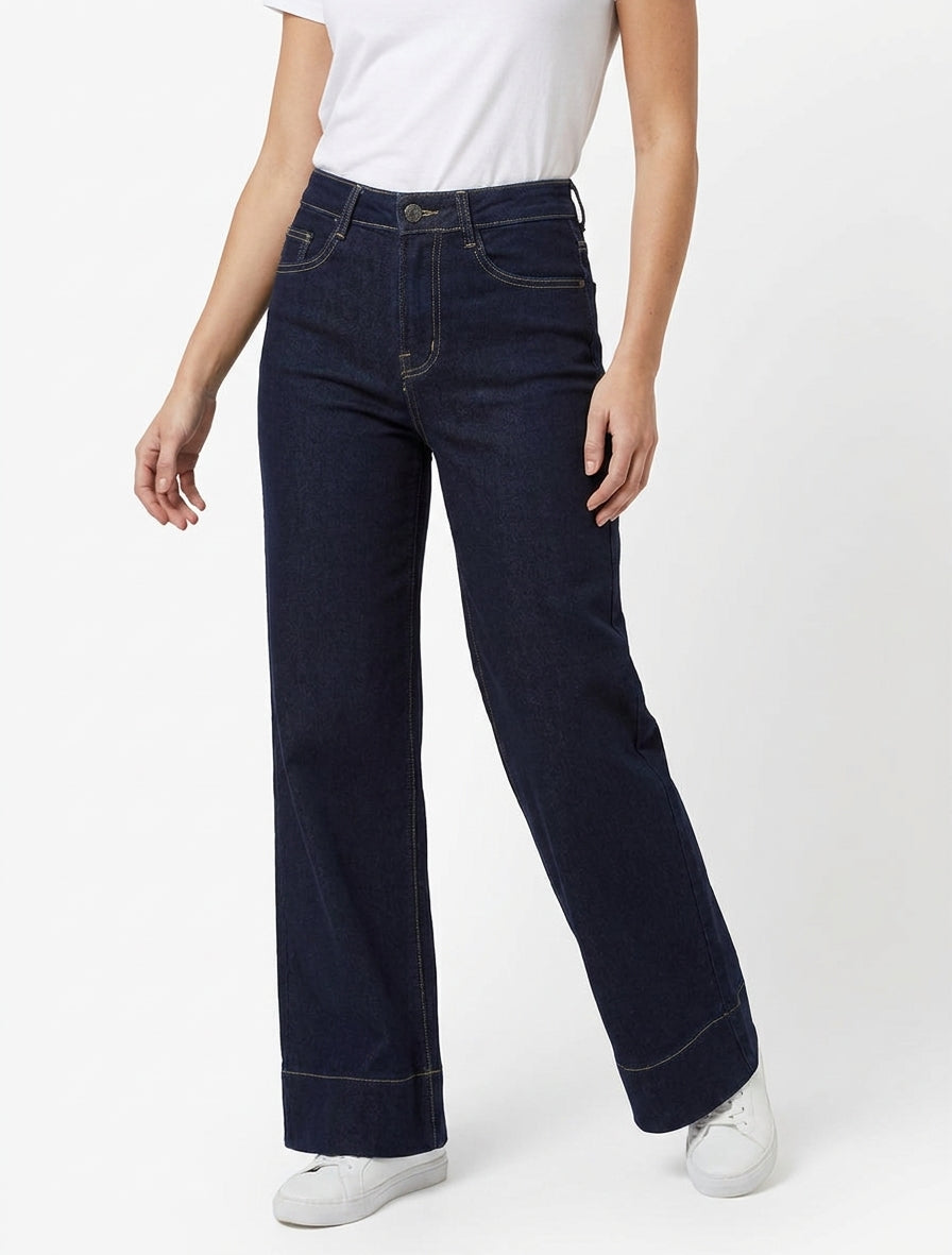 Jean met hoge taille en wijde pijpen - Ongerept blauw