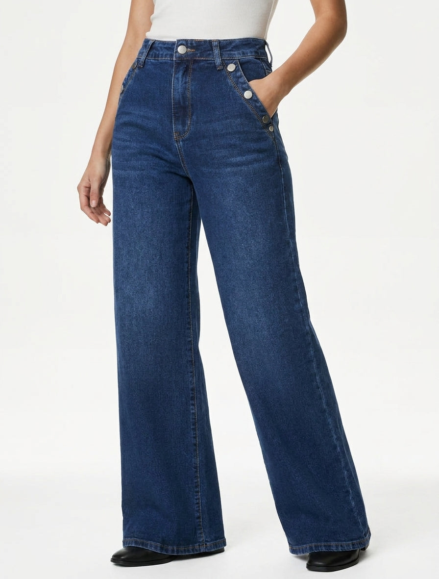Jean met wijde pijpen en knoopzakken - Blauwe denim