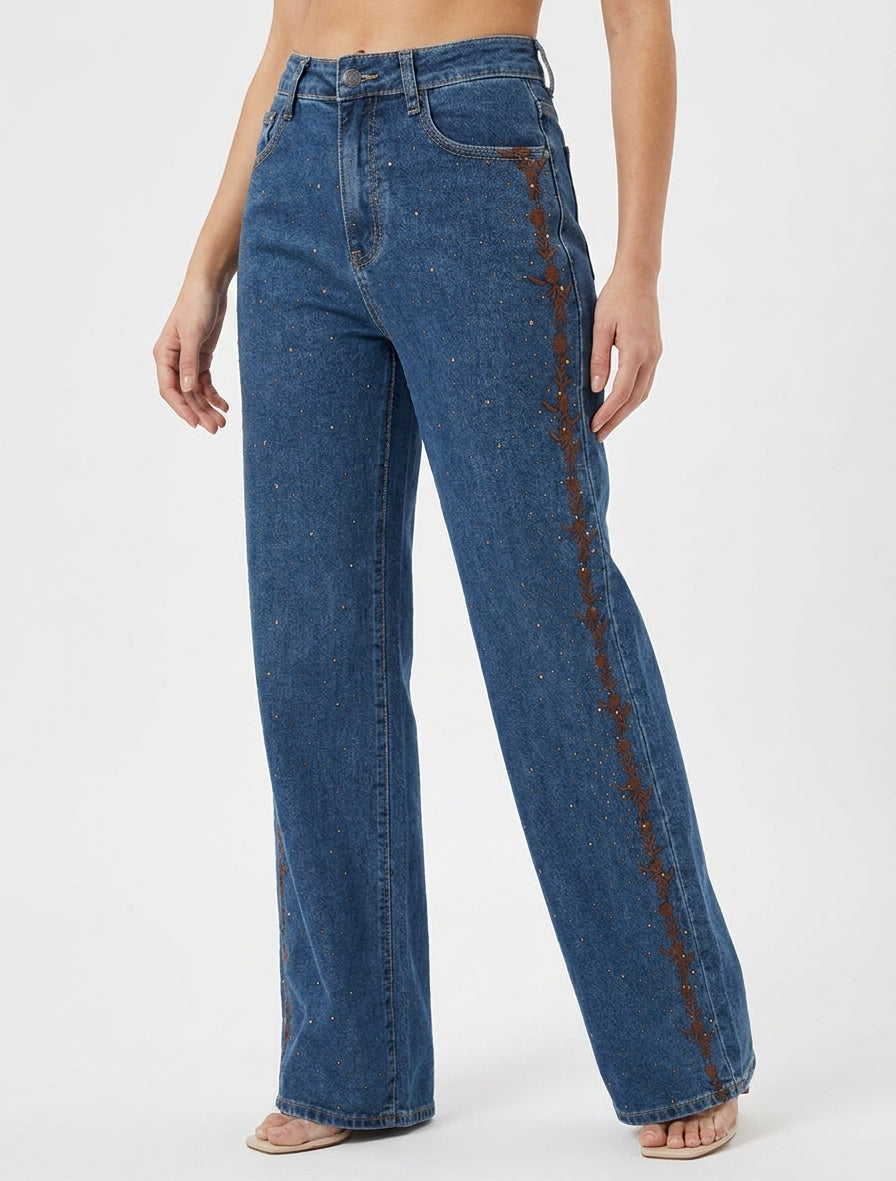 Jean met wijde pijpen met strass en bloemenborduursels - Blauwe denim