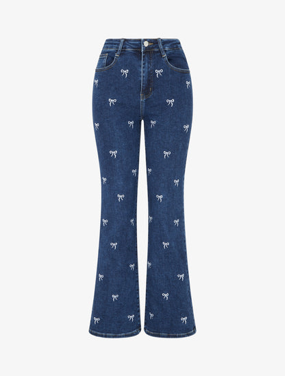 Jean wide leg à broderies motif noeud - Bleu - 1