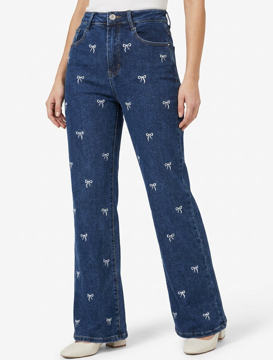 Jean met wijde pijpen en borduursels met strikmotief - Blauw