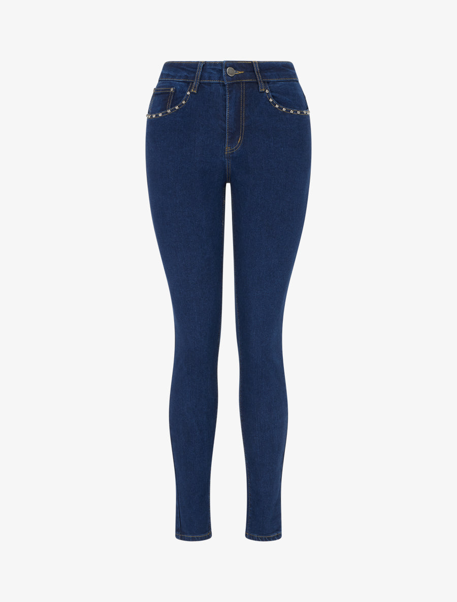 Jean taille haute clouté coupe skinny - Bleu denim - 1