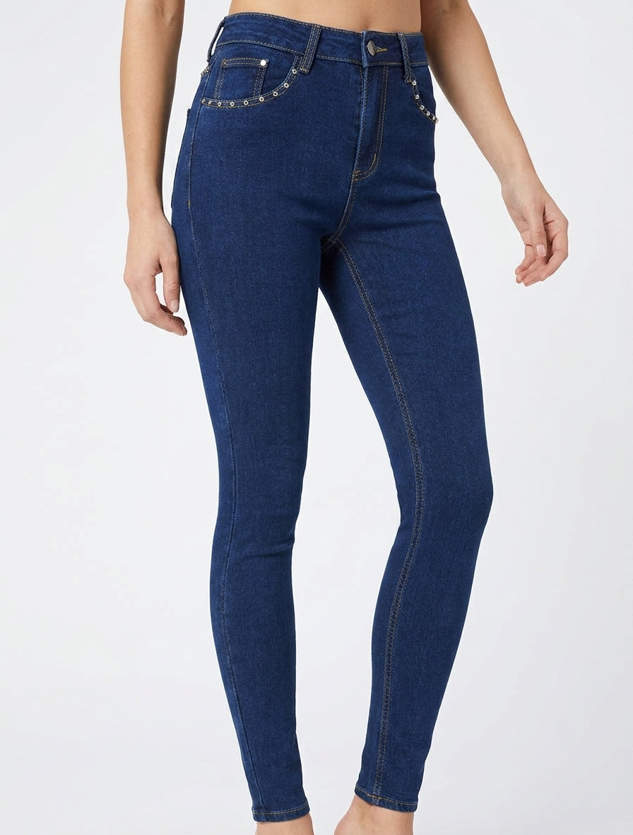 Spijkerbroek met hoge taille en studs in skinny fit. - Blauwe denim