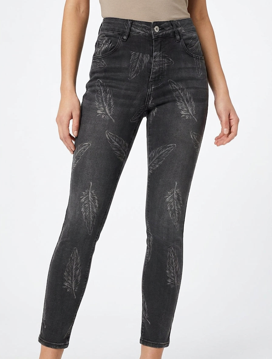 Skinny jeans met hoge taille en verenprint - Antracietgrijs