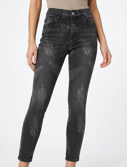 Skinny jeans met hoge taille en verenprint - Antracietgrijs