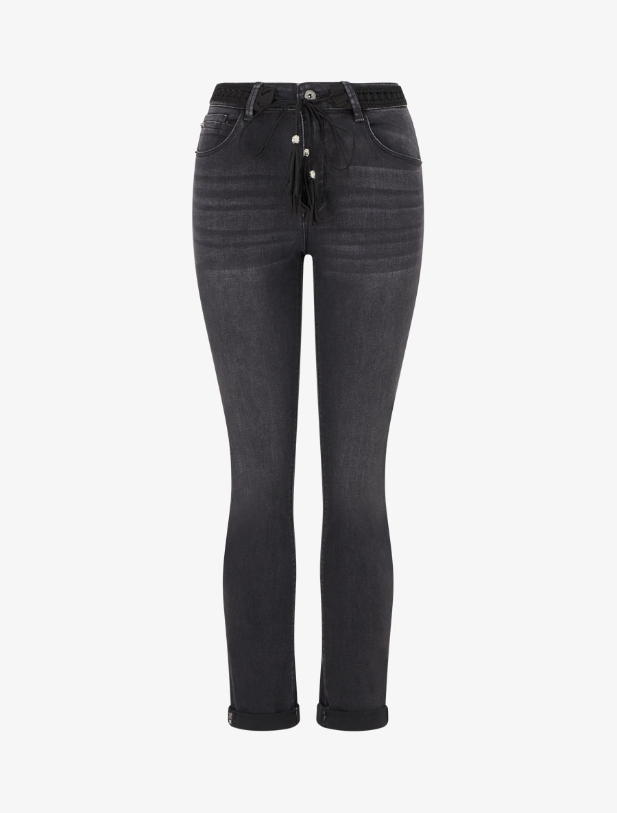 Jean à revers et ceinture à nouer - Gris anthracite - 1