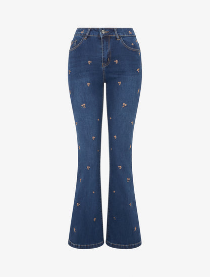 Jean à petites fleurs brodées coupe flare - Bleu denim - 1