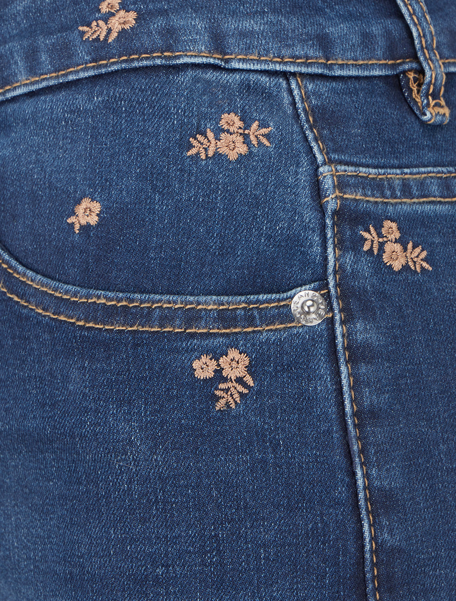 Jean à petites fleurs brodées coupe flare - Bleu denim - 3