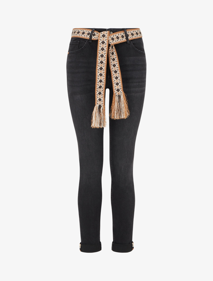 Jean slim à ceinture graphique et bords à ourlet - Gris anthracite - 1