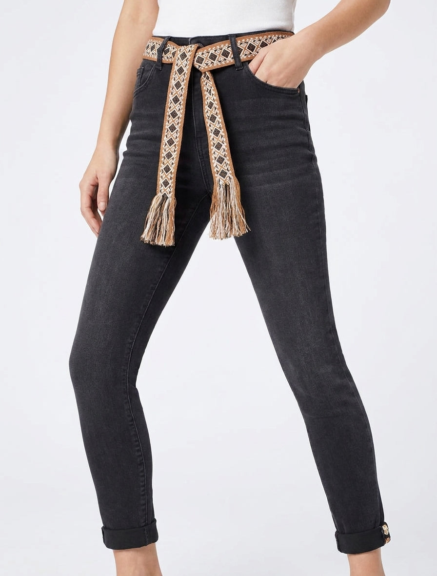 Grafische riem skinny jeans met zoomranden - Antracietgrijs