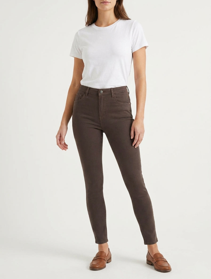 Jeans skinny effen met hoge taille - Chocoladebruin