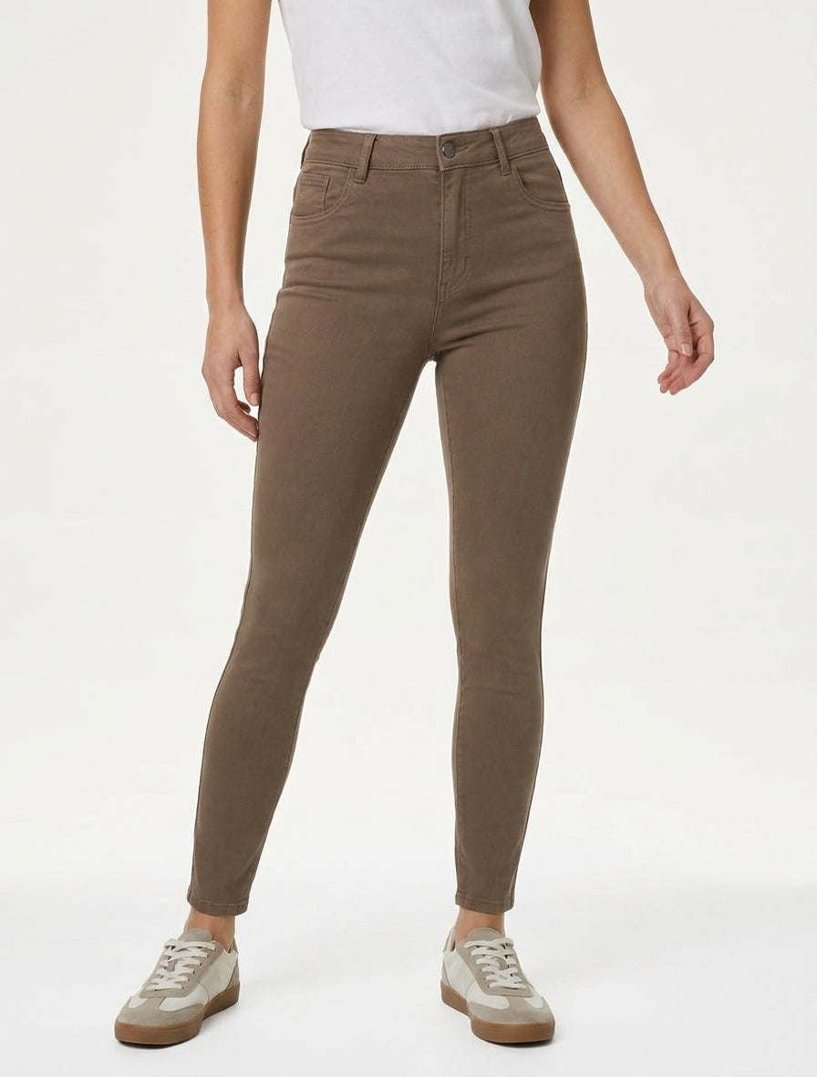Jeans skinny effen met hoge taille - Donker molenkleurig