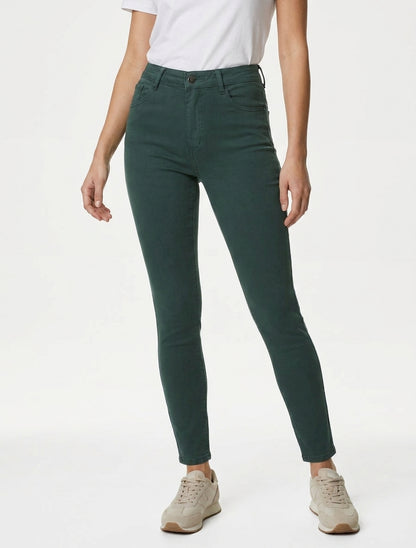 Jeans skinny effen met hoge taille - Flesgroen