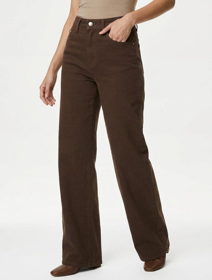 Jean met wijde pijpen en hoge taille in effen kleur - Bruin