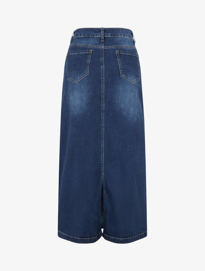 Jupe longue coupe droite en jean à coutures apparentes - Bleu - 2