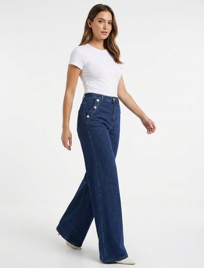 Jean met wijde pijpen en knoopzakken - Blauwe denim