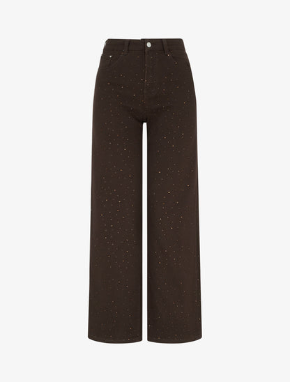 Jean wide leg à strass - Marron - 1
