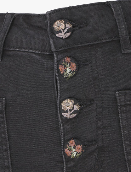 Jean droit avec fermeture boutons broderie florale - Noir - 3