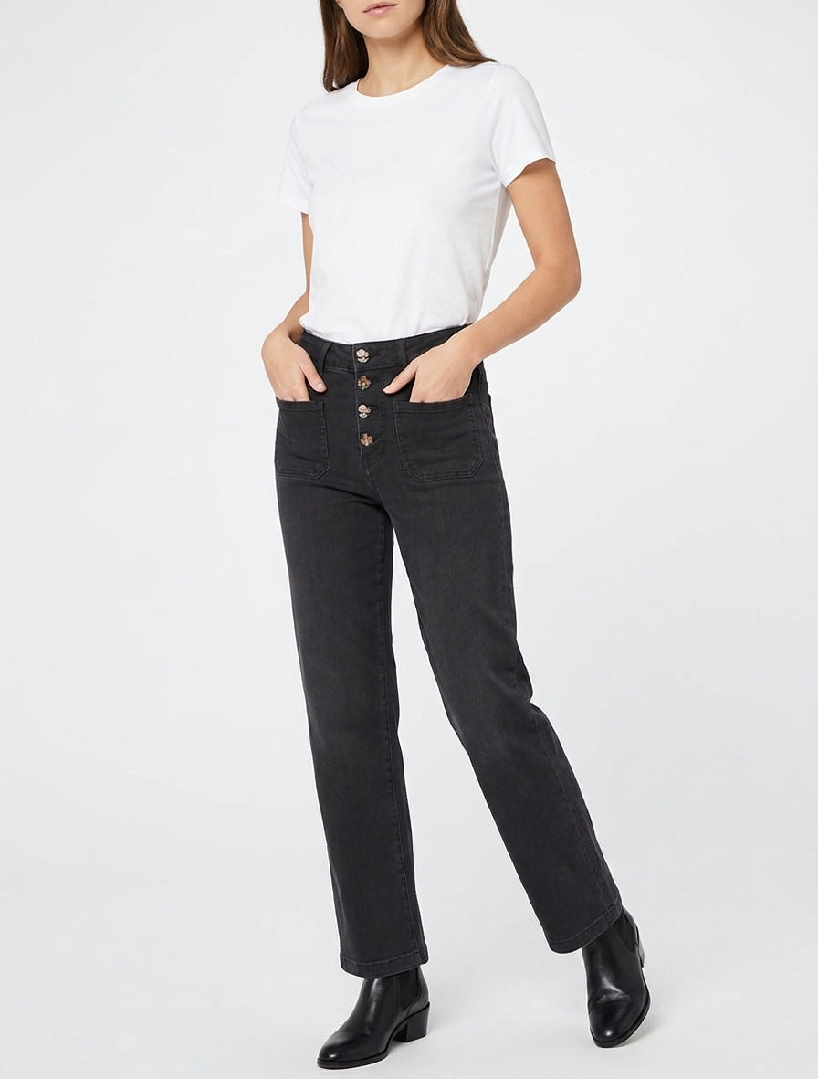 Jeans met knoopsluiting en bloemenborduursel - Zwart