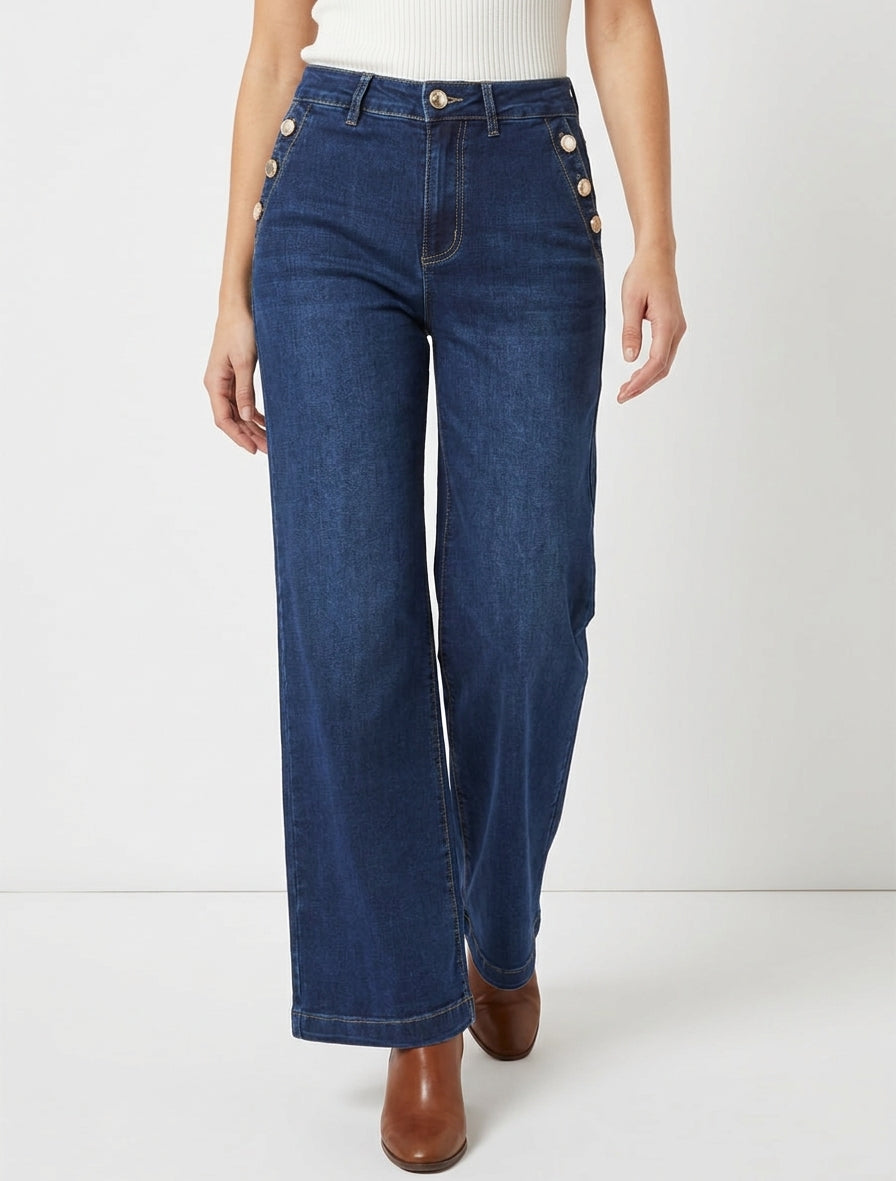 Jean met wijde pijpen en parelmoeren knopen - Blauw