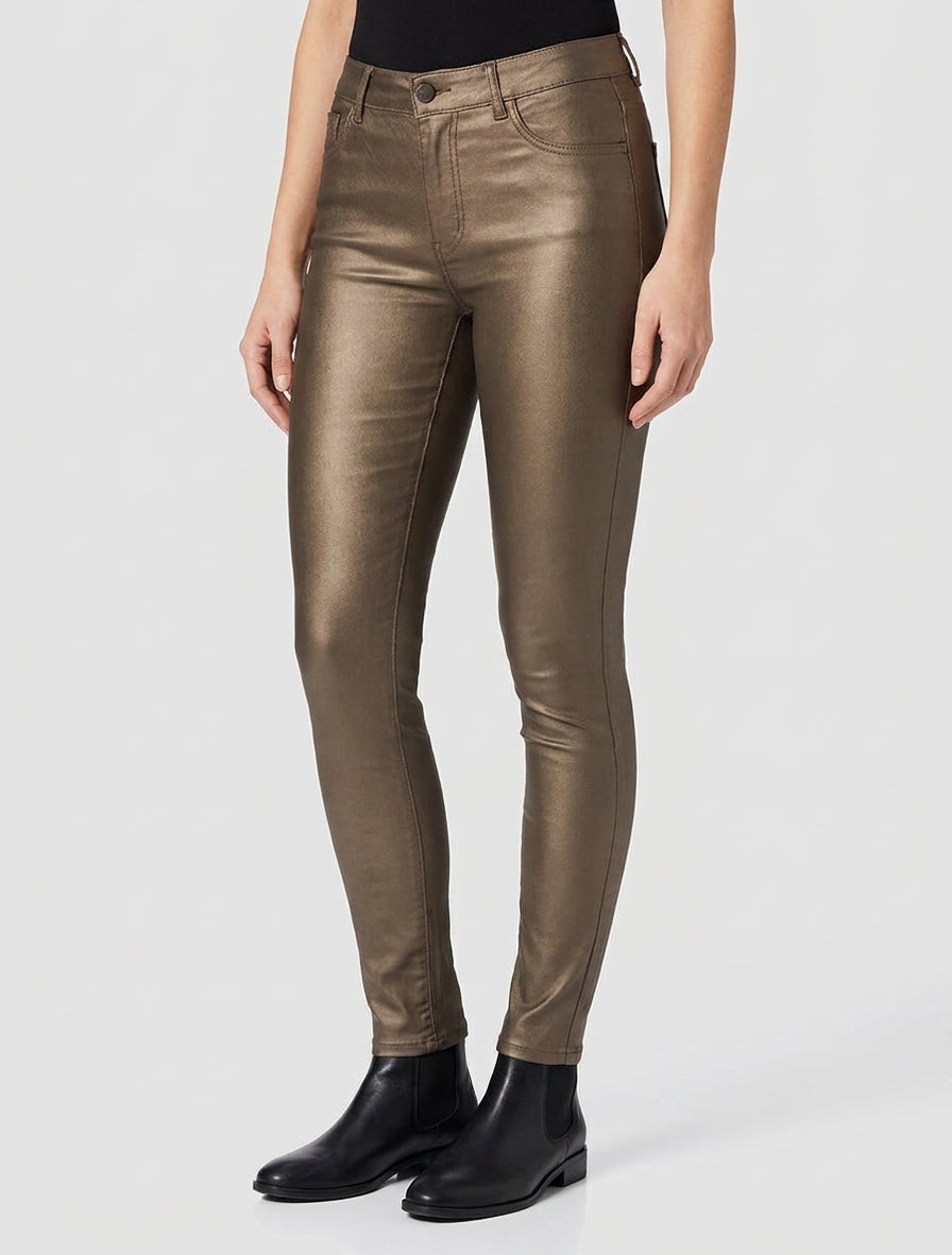 Slim fit broek in gecoat imitatieleer - Brons