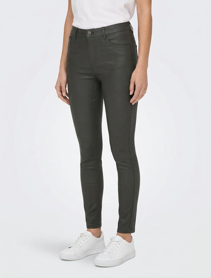 Slim fit broek in gecoat imitatieleer - Donker kaki