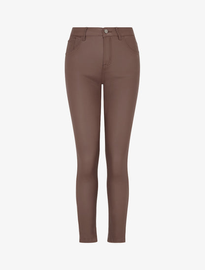 Pantalon slim en simili effet enduit - Marron - 1