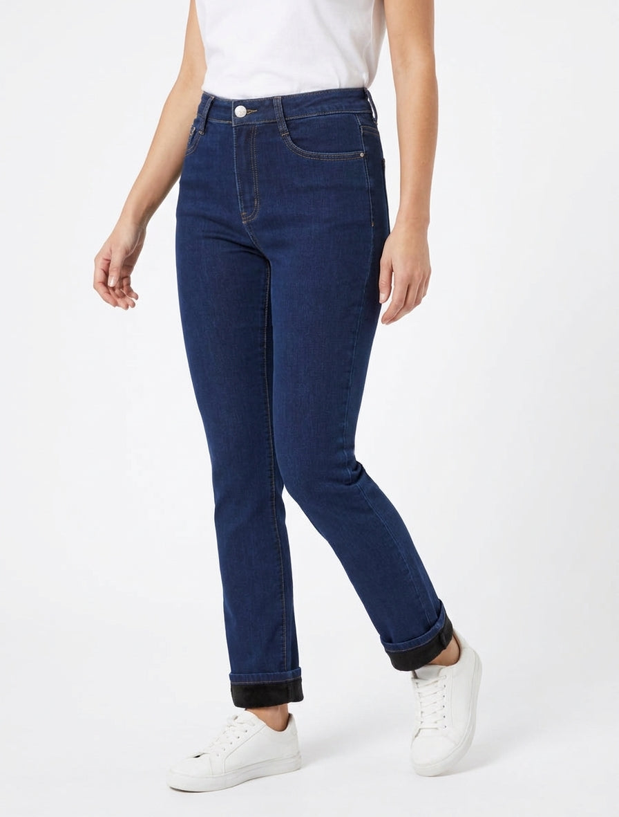 Jean rechte hoge taille met fleecevoering - Ongerept blauw