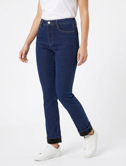 Jean rechte hoge taille met fleecevoering - Ongerept blauw
