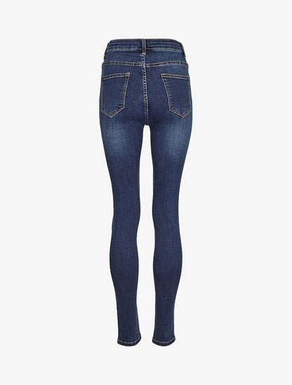 Jean skinny taille haute à boutons - Bleu denim - 4