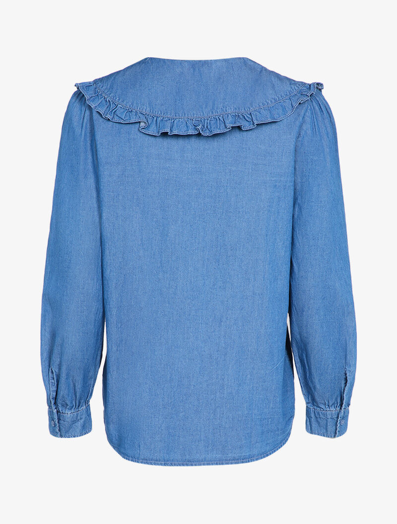 Chemise en jean à col claudine volanté - Bleu denim - 2