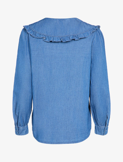 Chemise en jean à col claudine volanté - Bleu denim - 2