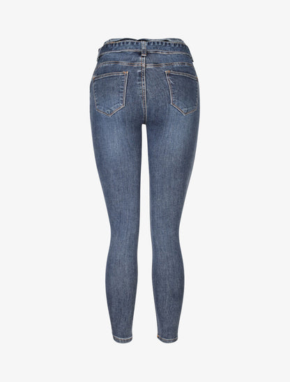 Jean skinny à ceinture à nouer - Bleu denim - 2